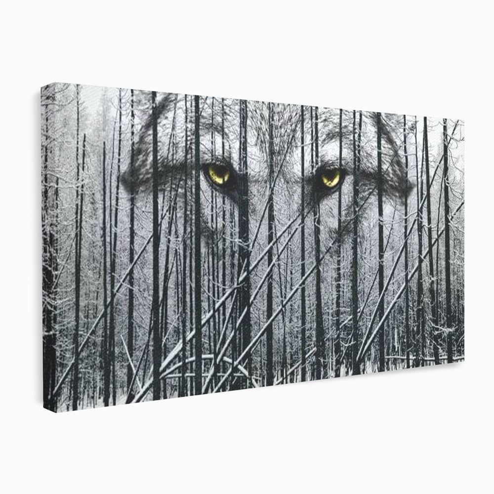 Tablou canvas cu tablou canvas cu ochi de lup si padure iarna, fara rama, pe sasiu de lemn